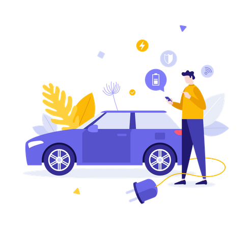 Man using mobile application to control smart electric car  Illustration