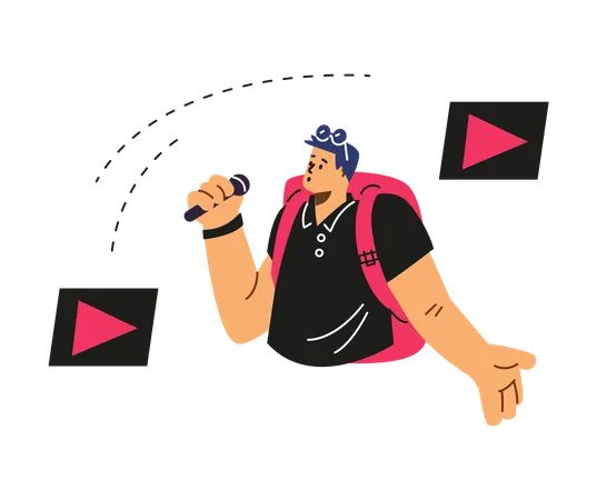 Man with backpack speaking into microphone  Illustration