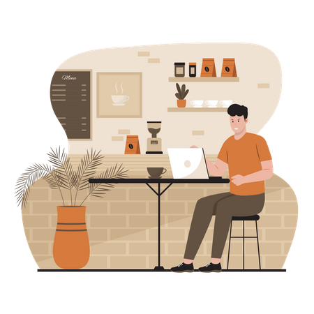 Mann arbeitet am Laptop im Café  Illustration