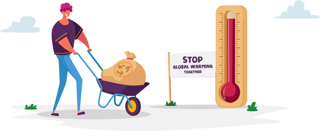 Mann schiebt Schubkarre mit Müllsack zum Recycling und kommt an riesigem Thermometer mit hohen Temperaturen auf der Erde vorbei  Illustration