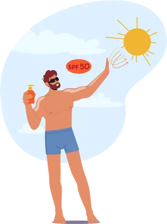 Mann trägt Sonnencreme auf, um seine Haut vor schädlichen UV-Strahlen zu schützen, während er einen Tag am Strand genießt  Illustration
