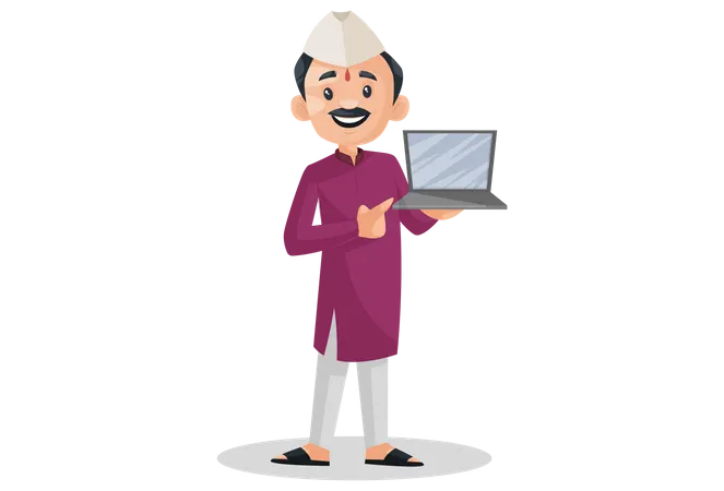 Marathi man holding laptop in his hand  Illustration
