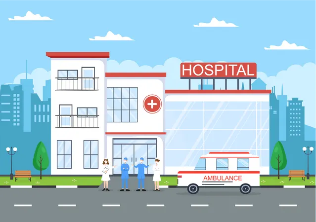 Medical center with emergency support staff  Illustration