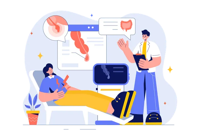 Médico masculino verificando distúrbio do apêndice  Ilustração
