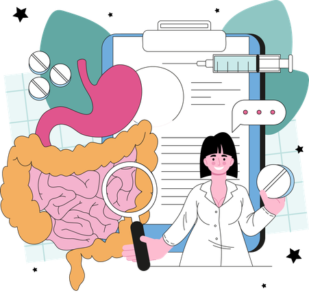 Médico examina órgãos do sistema digestivo  Ilustração
