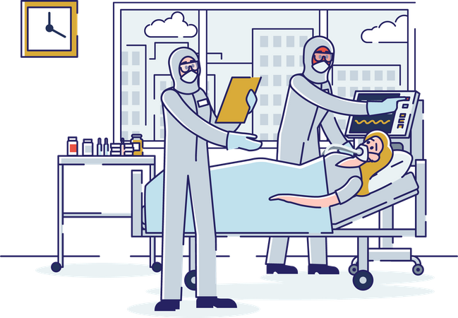 Médico fazendo tratamento em paciente positivo para coronavírus  Ilustração