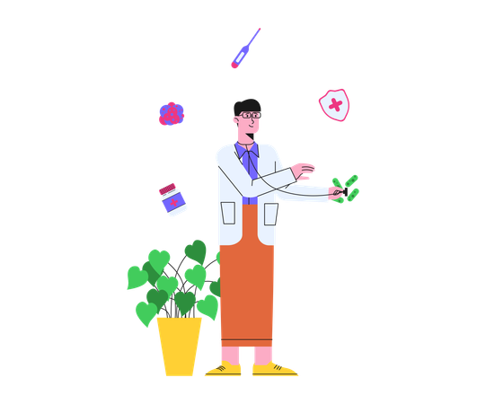 Médico masculino investiga sobre virus y medicina.  Ilustración