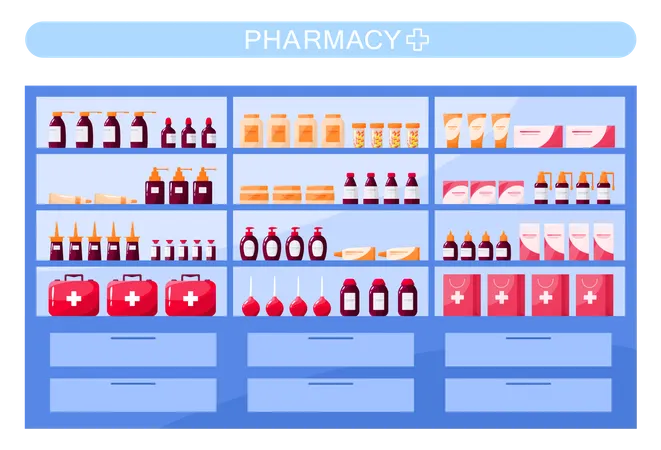 Medikamente in der Apotheke ausgestellt  Illustration