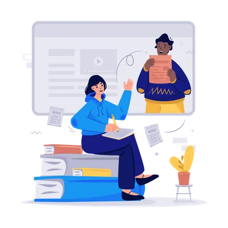 Menina participando de aula on-line  Ilustração