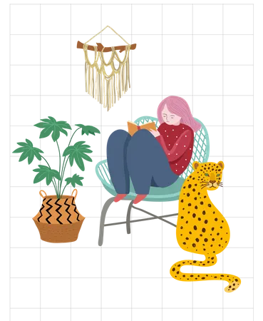 Menina lendo livro perto de leopardo da selva  Ilustração