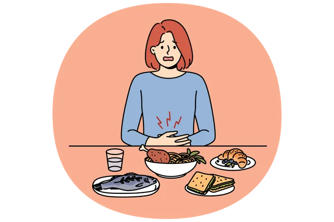 Menina sofre de dor de estômago devido a problemas digestivos  Ilustração