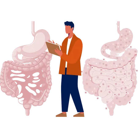 Menino apontando problemas gastrológicos  Ilustração