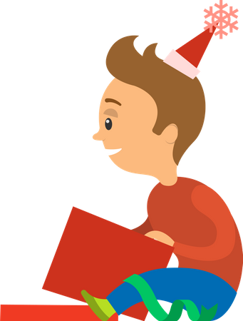 Menino desempacotando presentes de Natal durante as férias  Ilustração