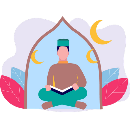 Menino muçulmano lendo o Alcorão Sagrado  Ilustração