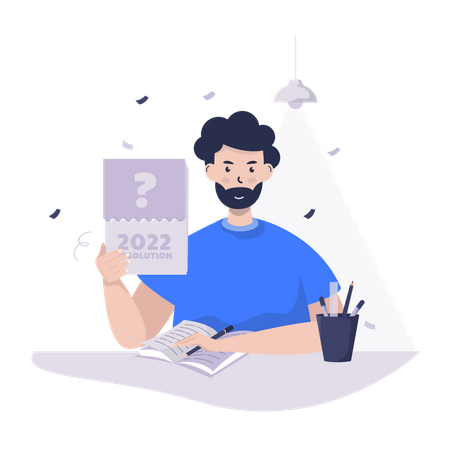 Homem escrevendo metas de resolução  Ilustração