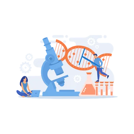 Microscope and scientists changing DNA structure  Illustration