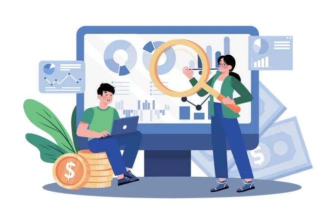 Miembro del equipo financiero analizando datos financieros con el equipo.  Ilustración