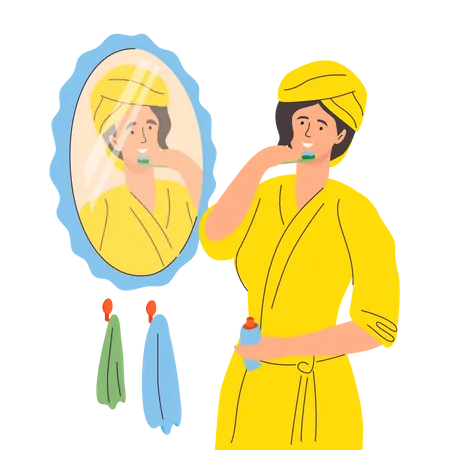 Mujer cepillándose los dientes  Ilustración