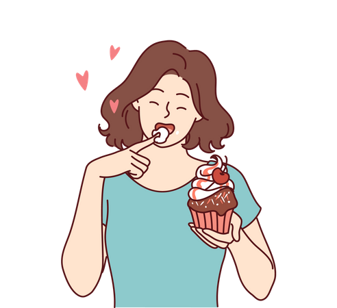 La mujer come un delicioso pastelito, lame la crema dulce del dedo y disfruta de un postre apetitoso  Ilustración