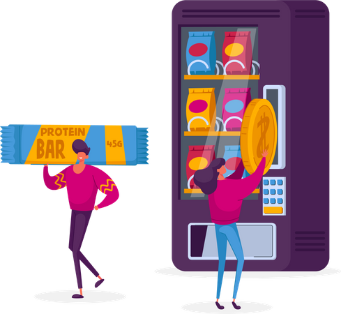 Mujer comprando barra de proteína en una máquina expendedora  Ilustración