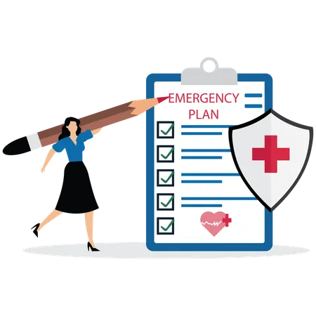 Empresaria inteligente sosteniendo un lápiz con papel de plan de emergencia  Ilustración
