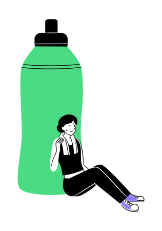 Mujer descansando cerca de una botella de agua  Ilustración