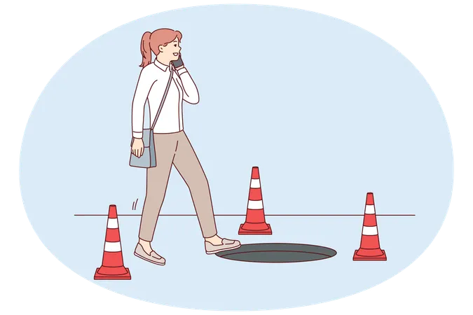 Una mujer descuidada que camina hablando por teléfono corre el riesgo de caerse por una escotilla por falta de atención.  Ilustración
