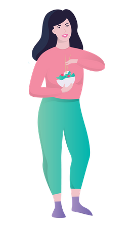 Mujer en forma comiendo ensalada verde  Ilustración