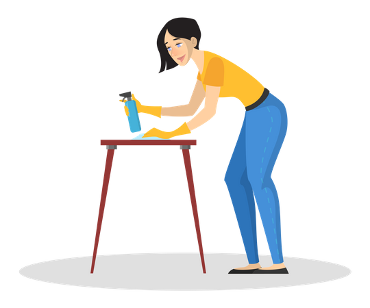 Mujer en mesa de limpieza uniforme usando spray de limpieza  Ilustración
