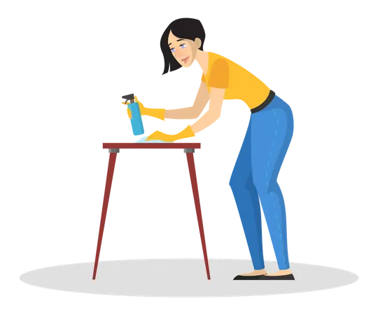 Mujer en mesa de limpieza uniforme usando spray de limpieza  Ilustración