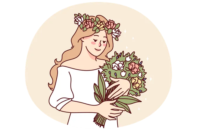 Mujer feliz con flores  Ilustración