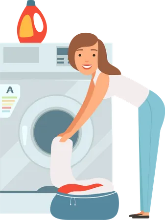 Mulher carregando máquina de lavar para limpar roupas  Ilustração