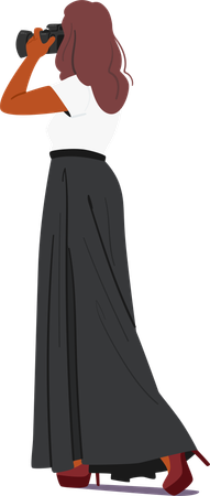 Mulher estilosa em uma saia preta longa e blusa branca tirando fotos com uma câmera. Imagem vetorial de desenho animado  Ilustração