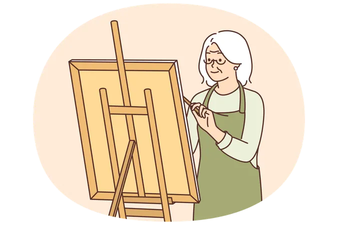 Artista idosa fica perto do cavalete e desenha, aproveitando o hobby criativo após se aposentar  Ilustração
