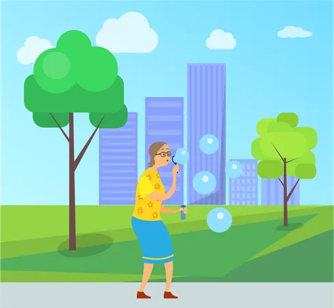 Mulher idosa com bolhas de sabão no parque  Ilustração