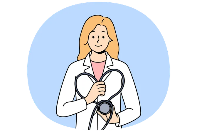 Médica com estetoscópio nas mãos Ilustração