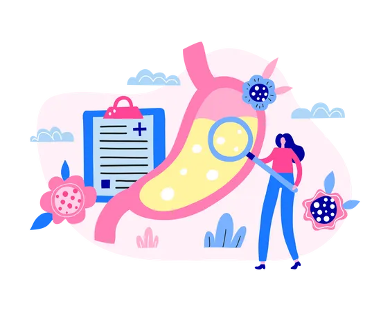 Personagem de médica examina órgão do estômago  Ilustração