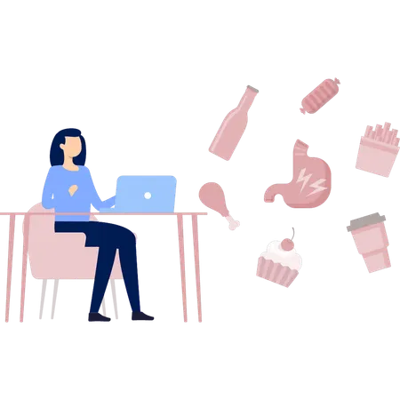 Mulher mostrando alimentos que causam problemas estomacais  Ilustração
