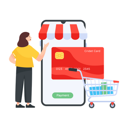 Mulher pagando on-line via pagamento com cartão  Ilustração