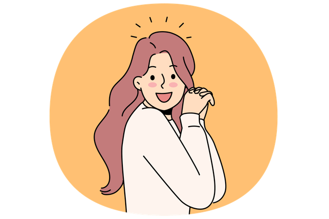 Mulher rindo levanta as mãos e olha para a tela  Ilustração