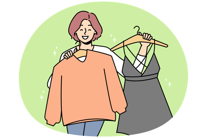 Mulher segurando roupas em cabides escolhendo o que vestir  Ilustração