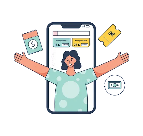 Mulher recebeu muitos vouchers de compras online  Ilustração