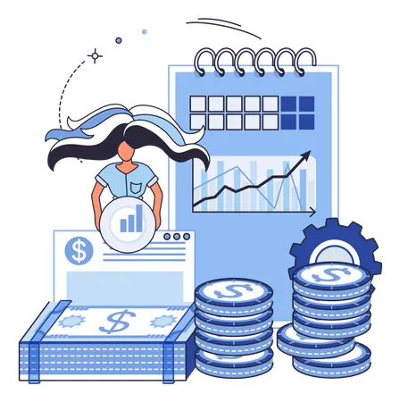 Mulher trabalhando na configuração de gráficos financeiros  Ilustração