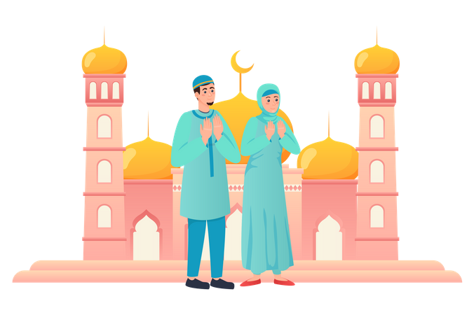 Muslim couple praying at a mosque  Illustration