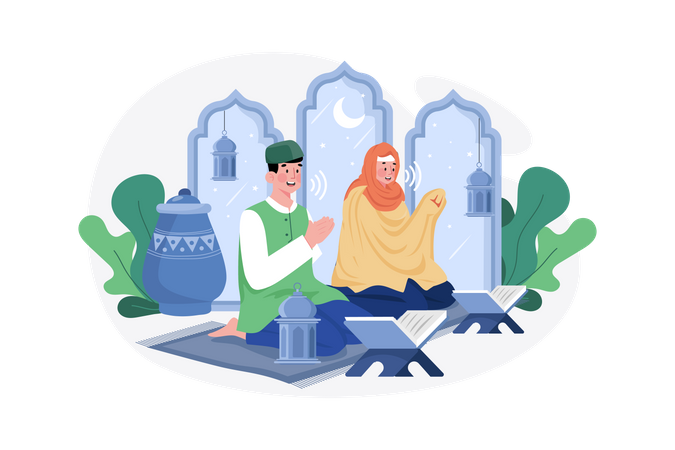 Muslim couple reading Quran during Ramadan Kareem  일러스트레이션