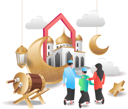 Muslim family at masjid  Illustration