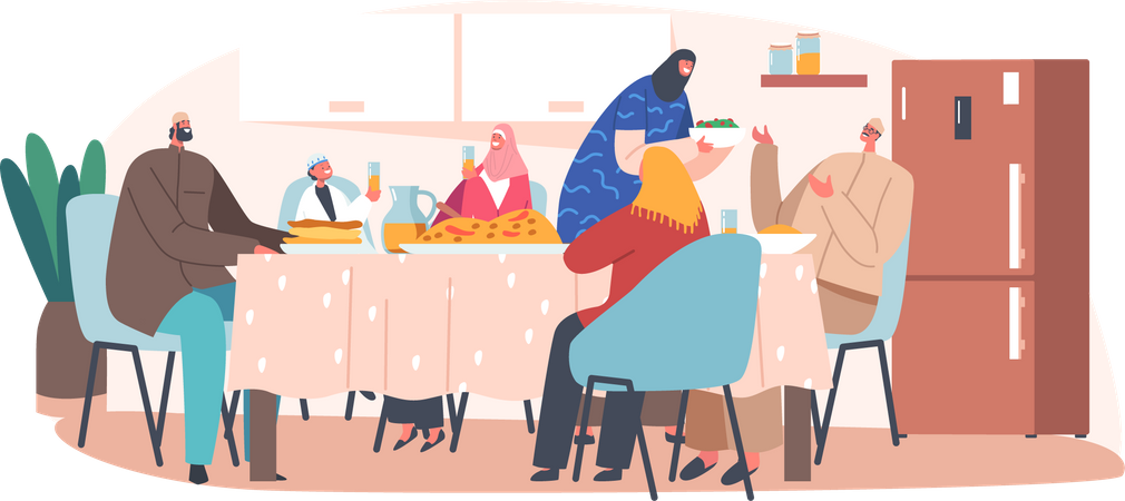 Muslim Family Eating Iftar Sitting Together at Table  Illustration