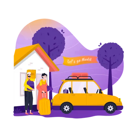 Muslim family going back to hometown by Mudik preparation  Illustration