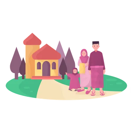 Muslim family going to mosque  イラスト