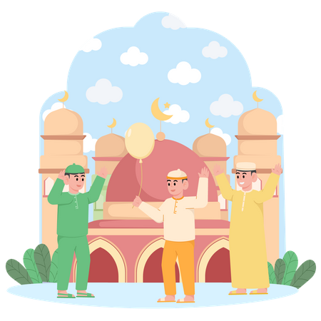 Muslim kids celebrating Eid outside Mosque  Illustration